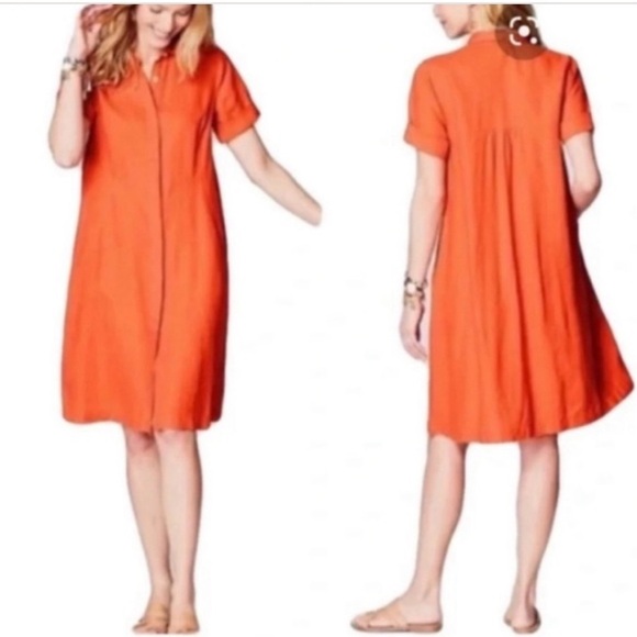 J.Jill Love Linen Zinnia Saffron Orange Shirtdress S Lagenlook Coastal - Picture 2 of 16